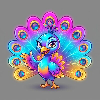 Mayil — a chibi peacock mascot character whose fanned tail glows like a gradient display